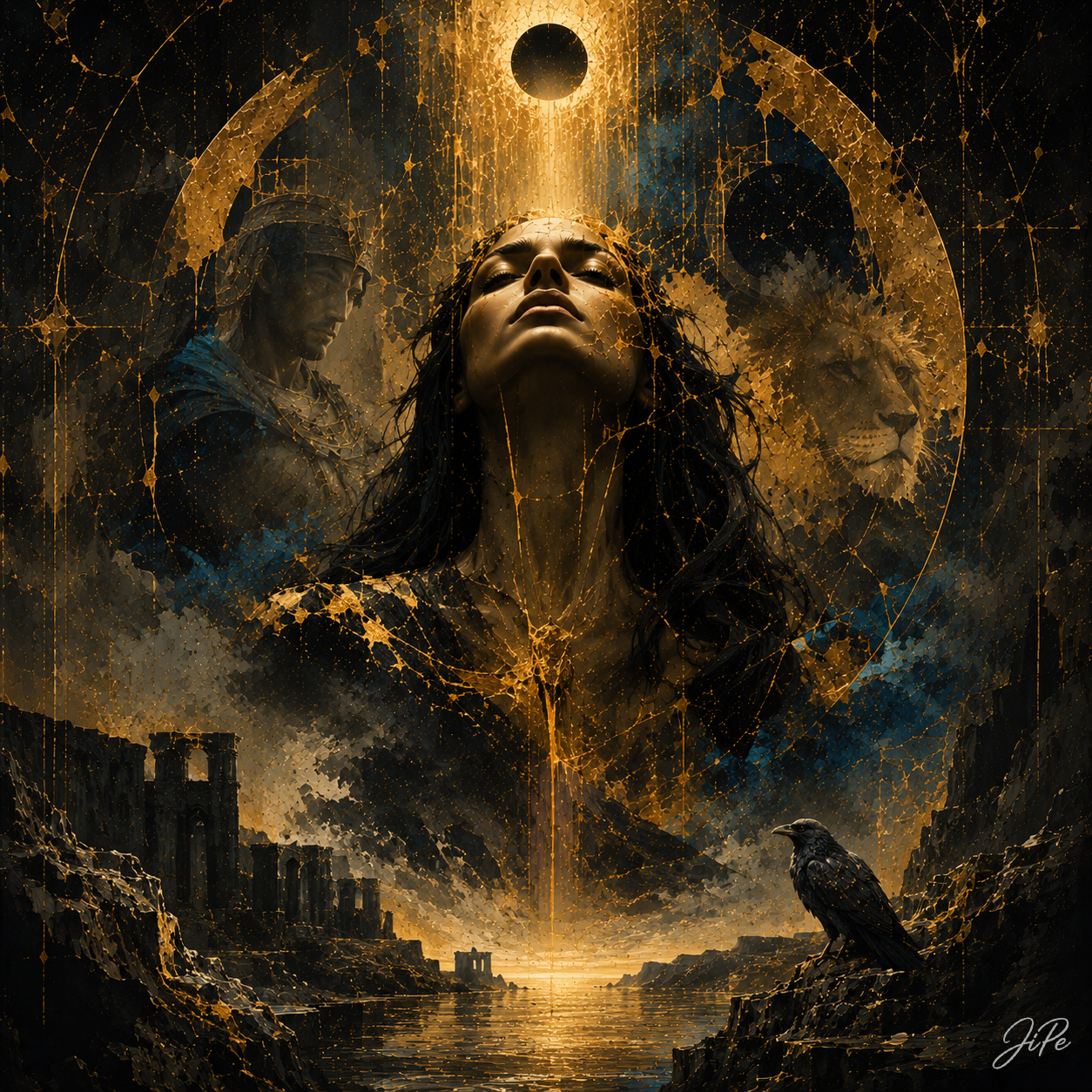 Golden Goddess and the Celestial Silhouettes