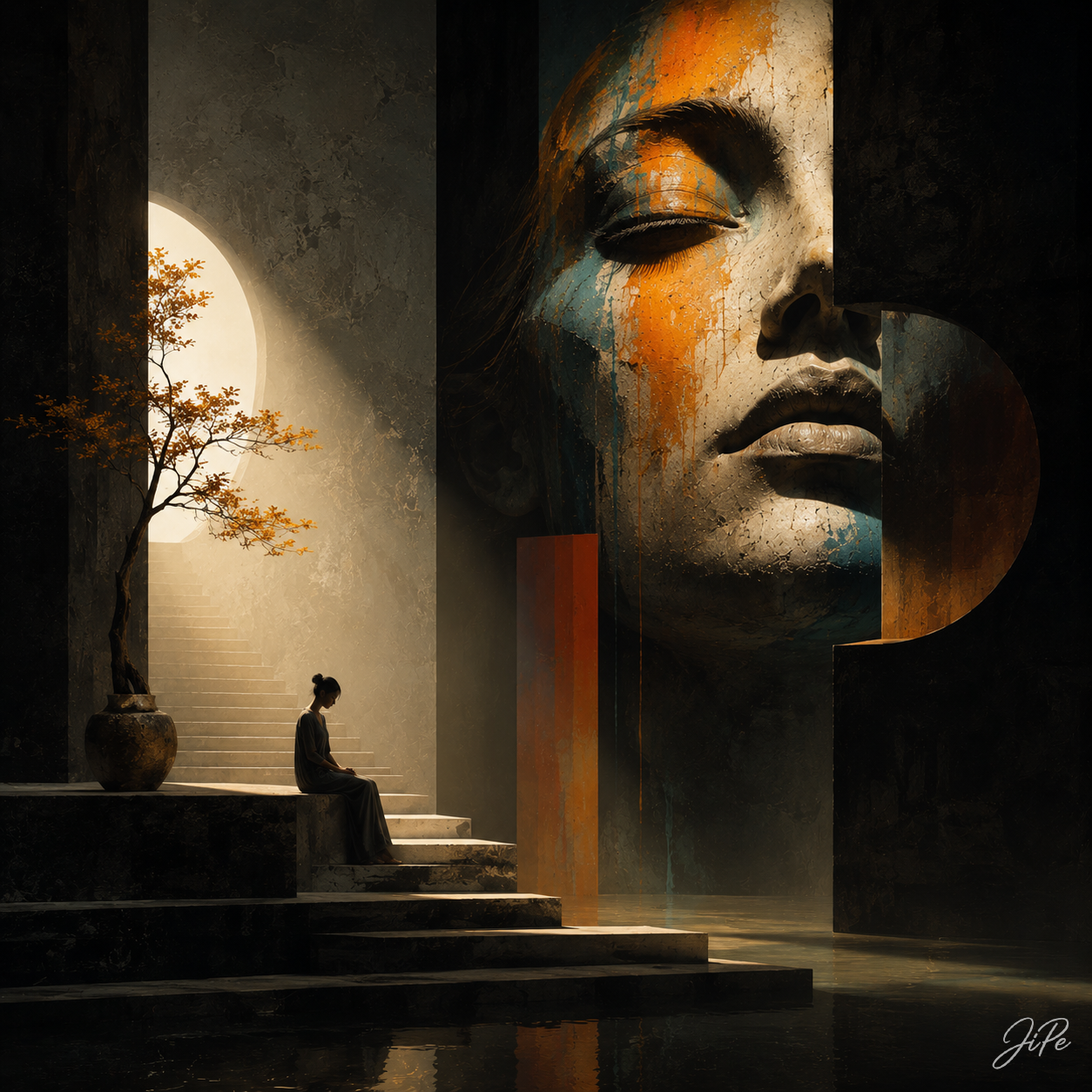 Surreal Temple Ruin with a Colossal Sculpture